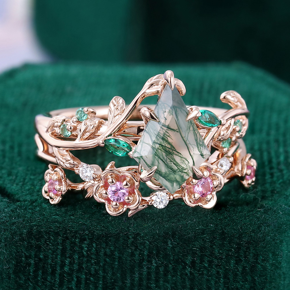 Conjunto nupcial de oro rosa de 14 quilates con flor de la vida y ágata musgosa talla pera-6