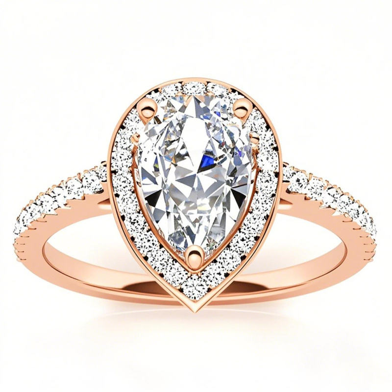 Anillo de compromiso de oro rosa de 18 quilates con halo de moissanita talla pera-1