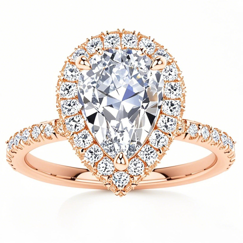 18K Rose Gold Pear Cut Halo Moissanite Engagement Ring-1