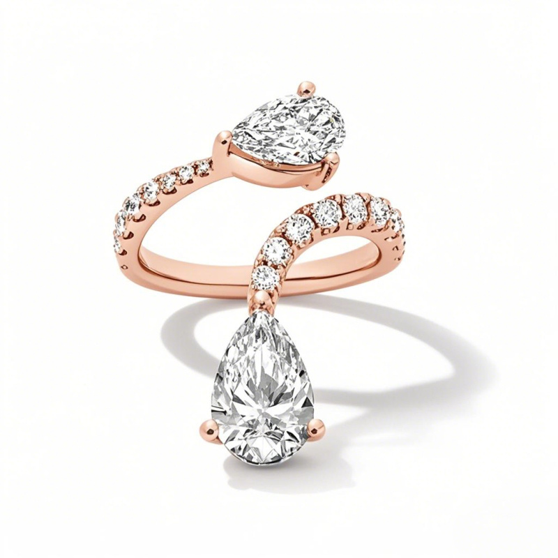 18K Rose Gold Pear Cut Cut Lab Created Diamond Custom Open Ring F Color VS2 Clarity 3EX IGI Certified-1