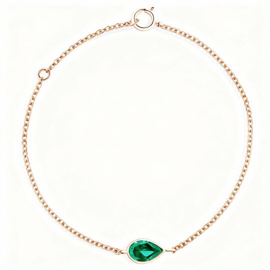 10K Rose Gold Pear Cut Lab Created Emerald Couple Curb Chain Bracelet
