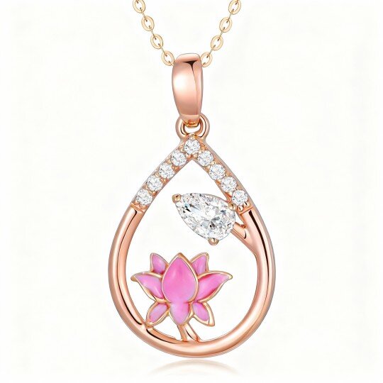 10K Rose Gold Pear Cut Cubic Zirconia Lotus Pendant Necklace
