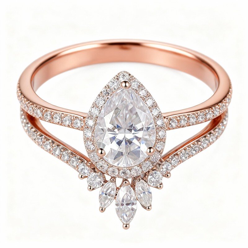 10K Rose Gold Pear Cut Moissanite Drop Shape Engagement Ring-14