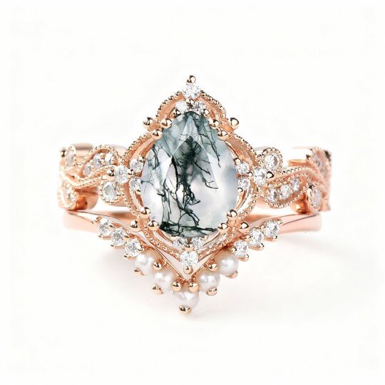 10K Rose Gold Pear Cut Moissanite & Moss Agate & Pearl Stackable Ring