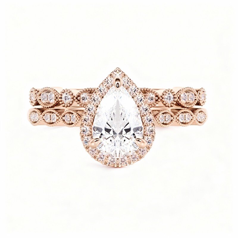 Anel de Noivado em Ouro Rosa 10K com Moissanita em Corte Pêra, Gravação Personalizada e Formato de Gota-16