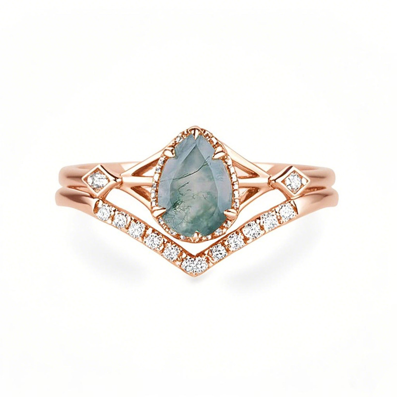 Sterling Silver with Rose Gold Plated Pear Cut Moss Agate Engagement Ring Embellished with Moissanite-19