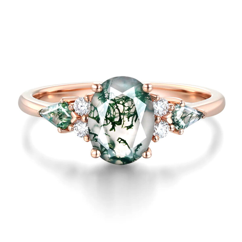 Pierścionek zaręczynowy ze srebra próby 925 z agatem mchowym szlifowanym w kolorze różowego złota-12