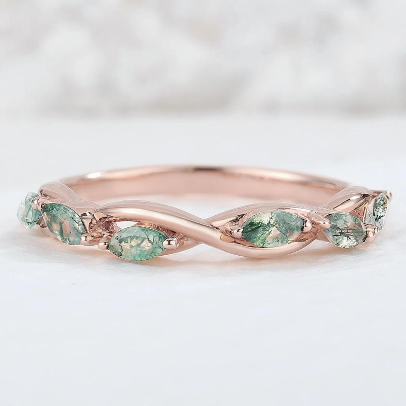 Sterling Silver with Rose Gold Plated Pear Cut Moss Agate Ring-16