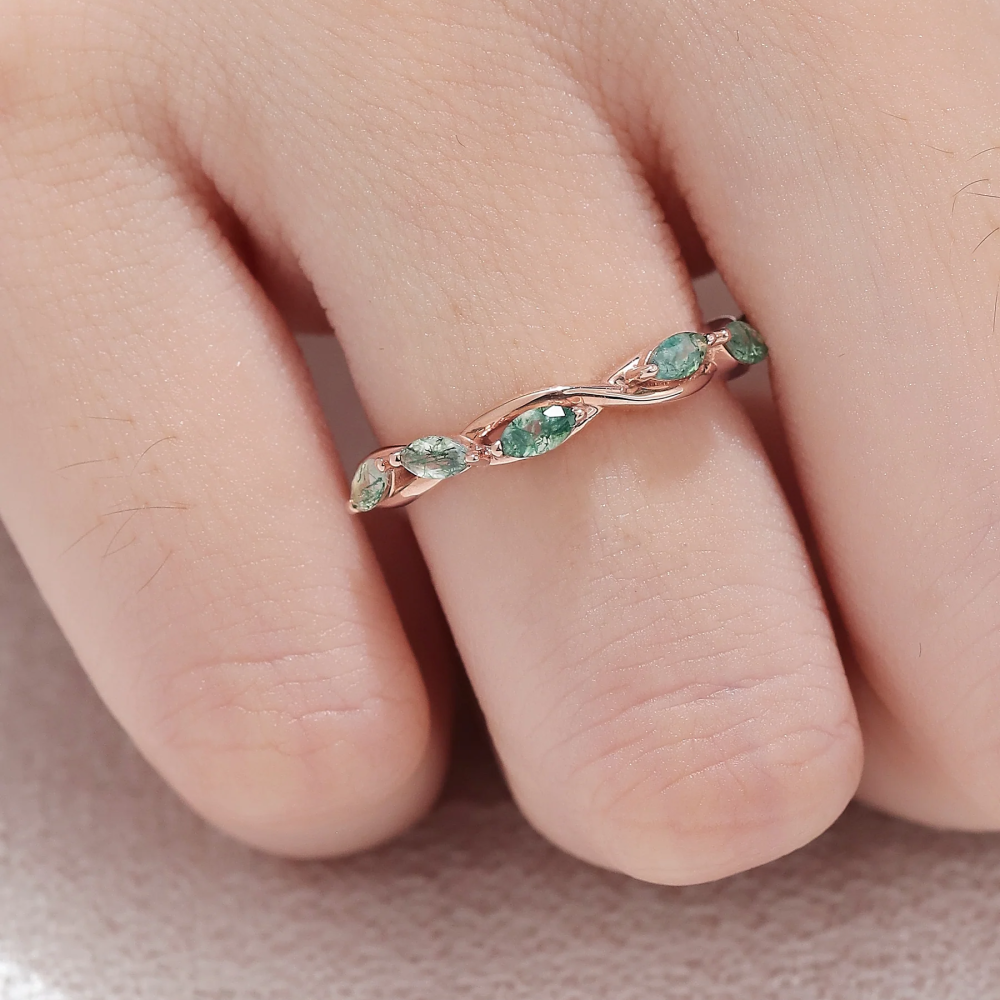 Sterling Silver with Rose Gold Plated Pear Cut Moss Agate Ring-2