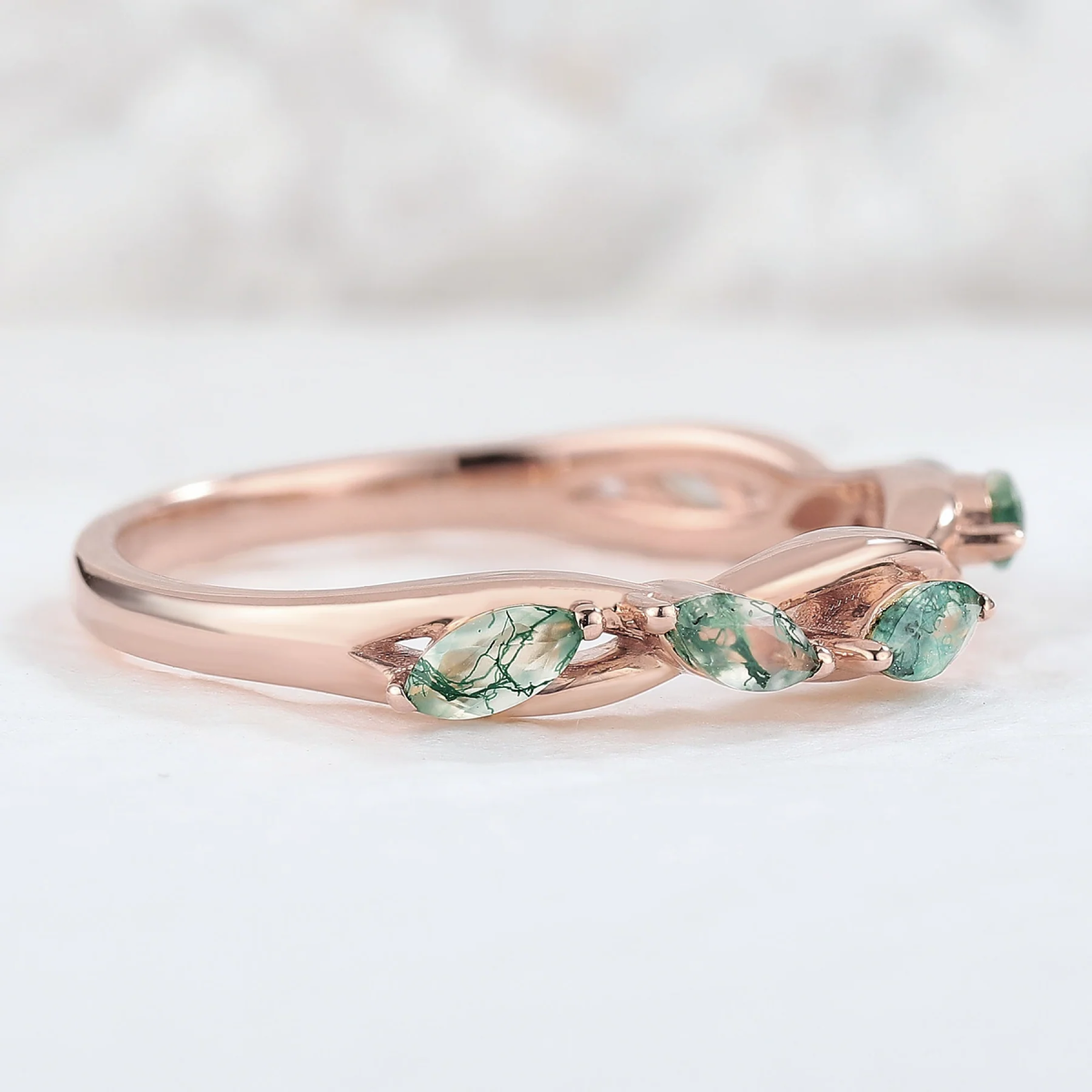 Anillo de ágata musgosa con corte de pera en oro rosa de 10 quilates-3