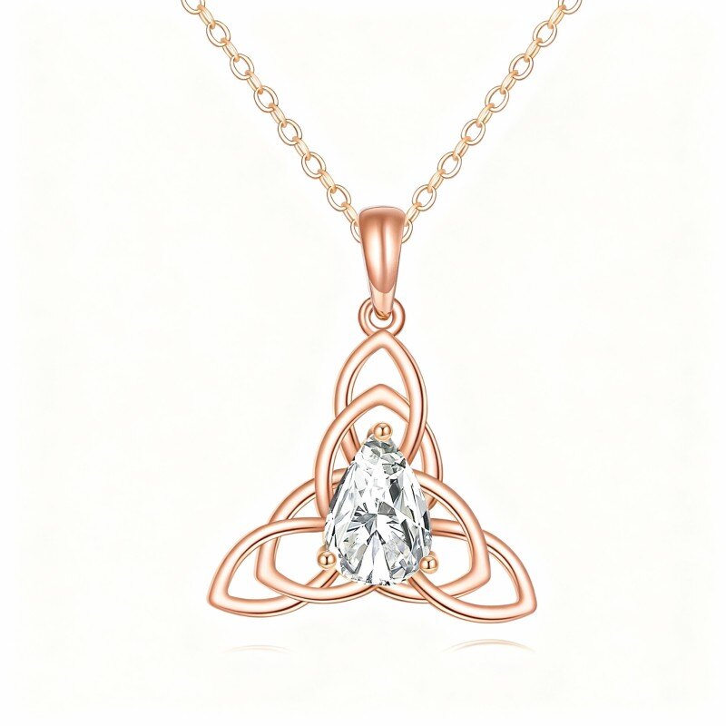 18K Rose Gold Pear Cut Cubic Zirconia Personalized Birthstone & Celtic Knot Pendant Necklace-1