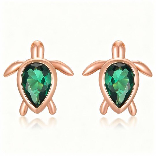 10K Rose Gold Pear Cut Cubic Zirconia Sea Turtle Stud Earrings