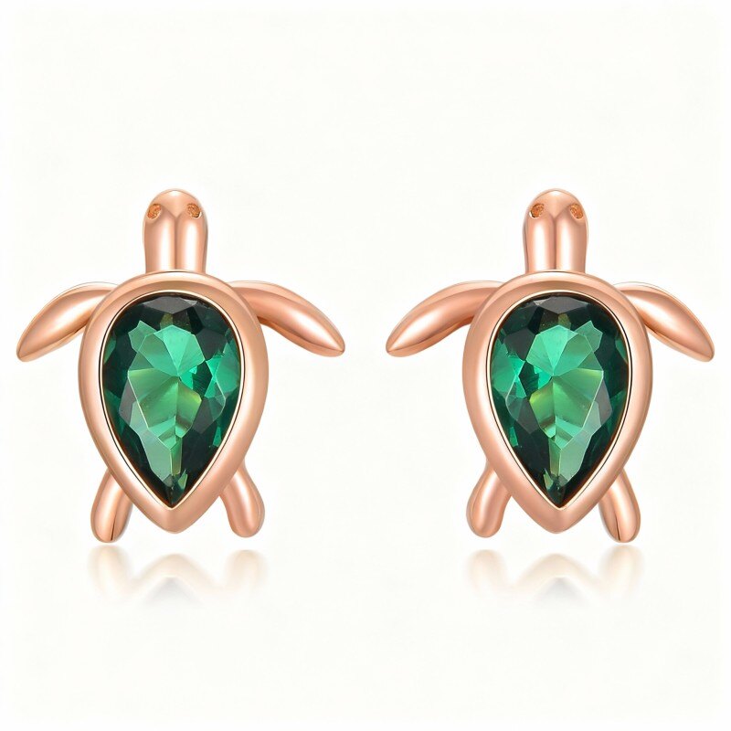 14Kローズゴールド ペアカット キュービックジルコニア ウミガメ スタッドピアス-1