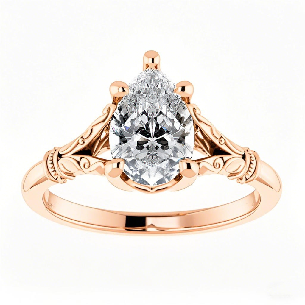 Anillo de compromiso solitario de moissanita con corte de pera en oro rosa de 14 quilates-1