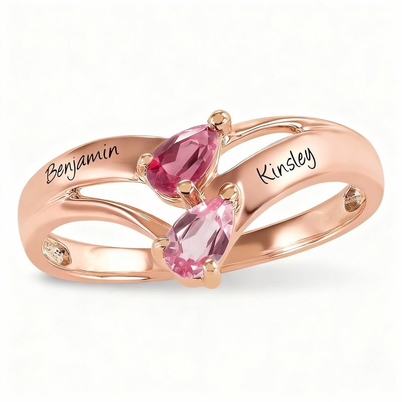 14Kローズゴールド ペアシェイプ キュービックジルコニア パーソナライズ誕生石＆パーソナライズ刻印誕生石リング-1