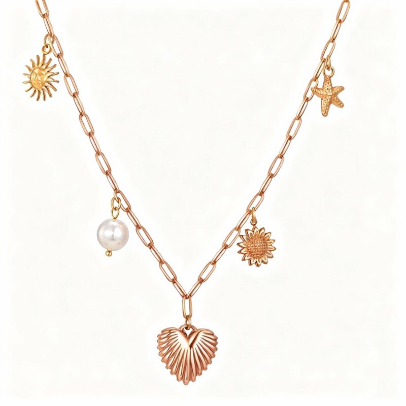 14K Rose Gold Pearl Angel Wing & Heart & Star & Sun Pendant Necklace-1