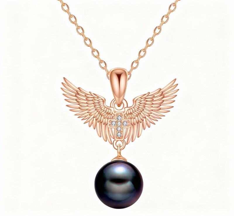 Colar com pendente asa de anjo em ouro rosa 14K com pérola-1