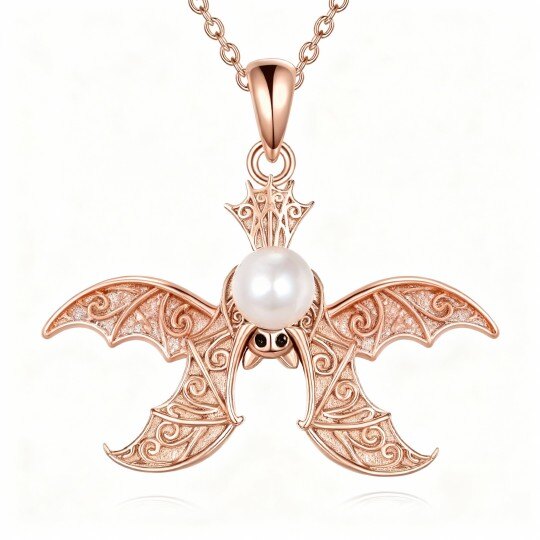 Collana con ciondolo a forma di pipistrello in oro rosa 10K e perle