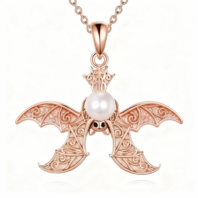 Collar con colgante de murciélago de perla en oro rosa de 10 quilates-5