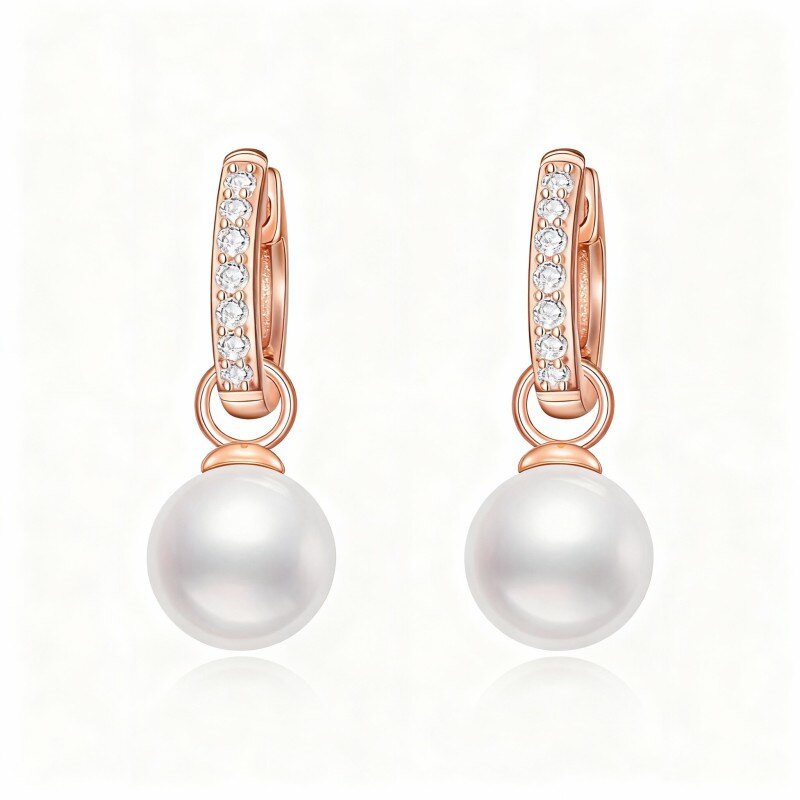 Pendientes colgantes de oro rosa de 14 quilates con circonitas cúbicas y perlas-1