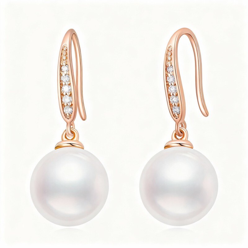 10K Rose Gold Cubic Zirconia & Pearl Bead Drop Earrings-1