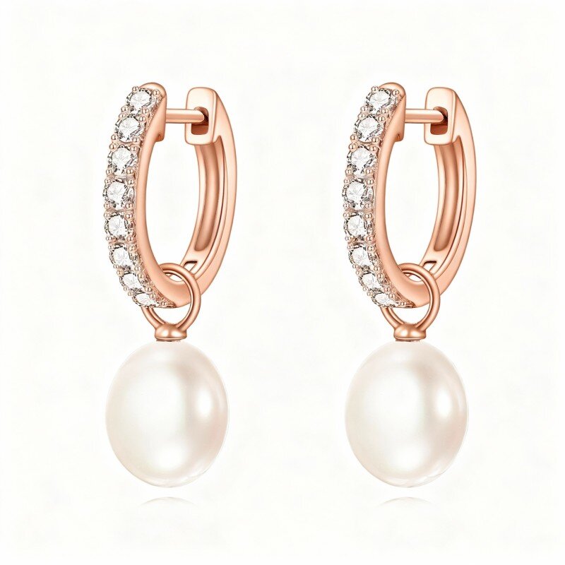 Brincos pendentes em ouro rosa 10K com zircónias cúbicas e pérolas.-12