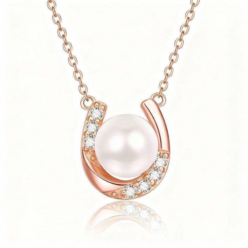 10K Rose Gold Cubic Zirconia & Pearl Bead & Horseshoe Pendant Necklace-1