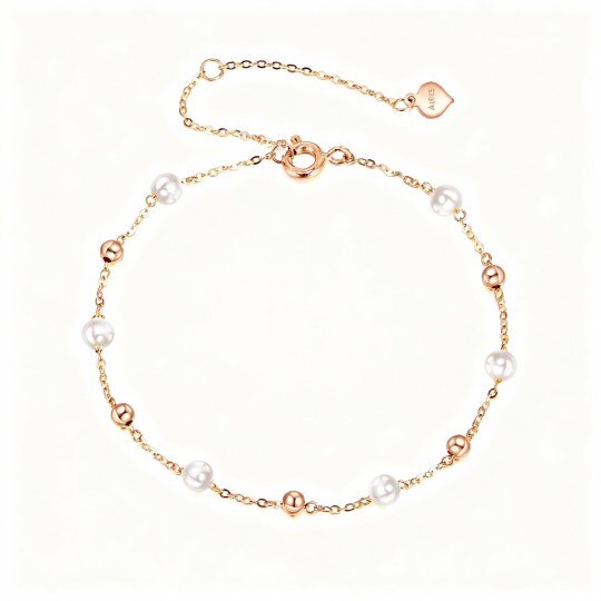 10K Rose Gold Pearl Bead Bead Station Chain Bracelet