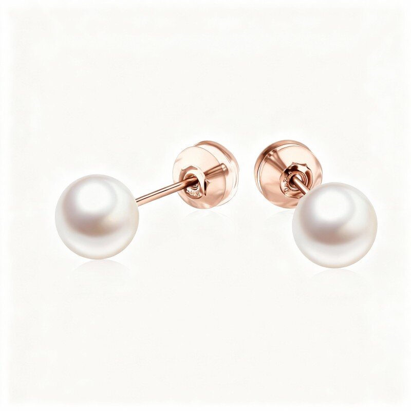 10K Rose Gold Pearl Bead Stud Earrings-2