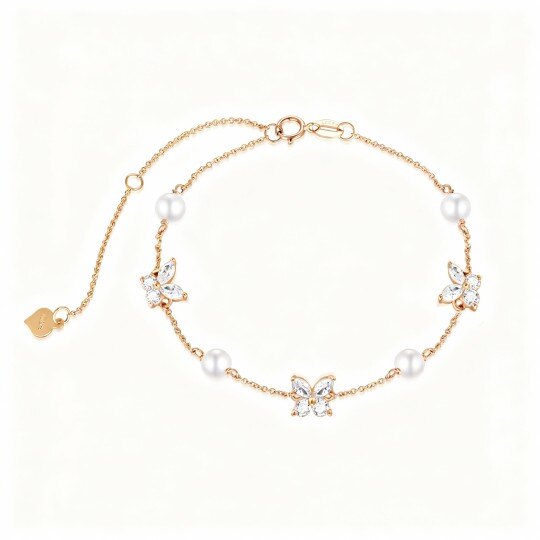 9Kローズゴールドパール＆キュービックジルコニアバタフライチャームブレスレット
