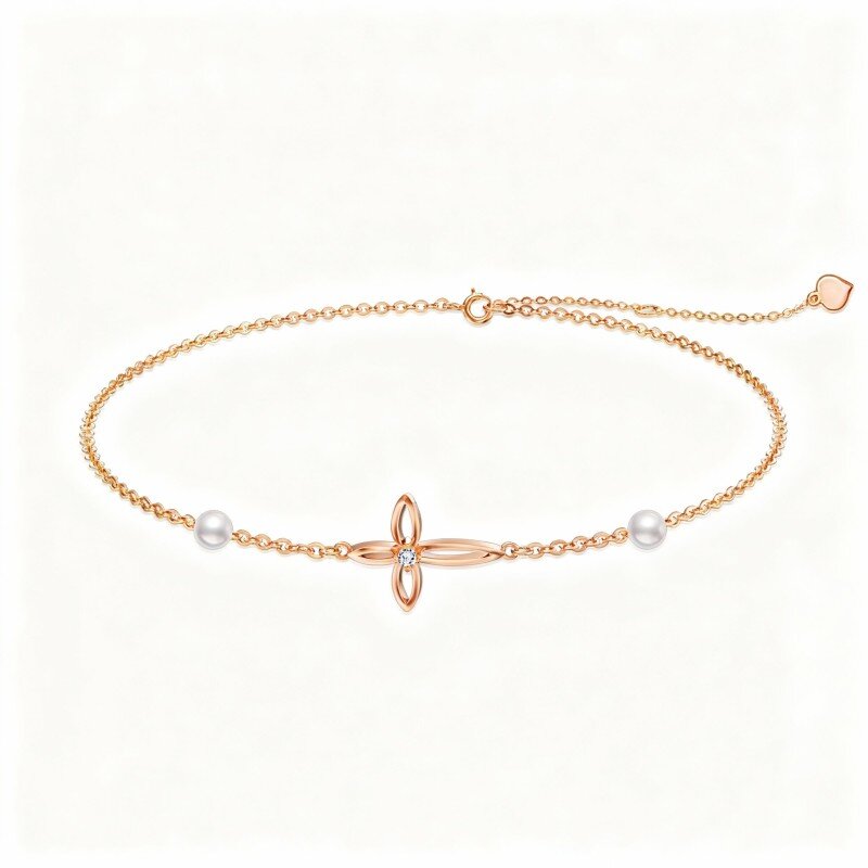 Pulseira com pendente de cruz em ouro rosa 14K com zircónias cúbicas e pérolas-1