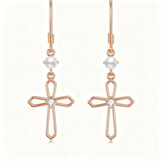 Pendientes colgantes de cruz con circonitas cúbicas y perlas en oro rosa de 10 quilates