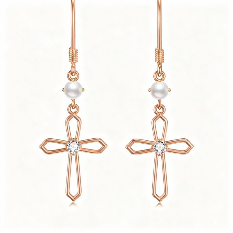 10K Rose Gold Cubic Zirconia & Pearl Cross Drop Earrings-1