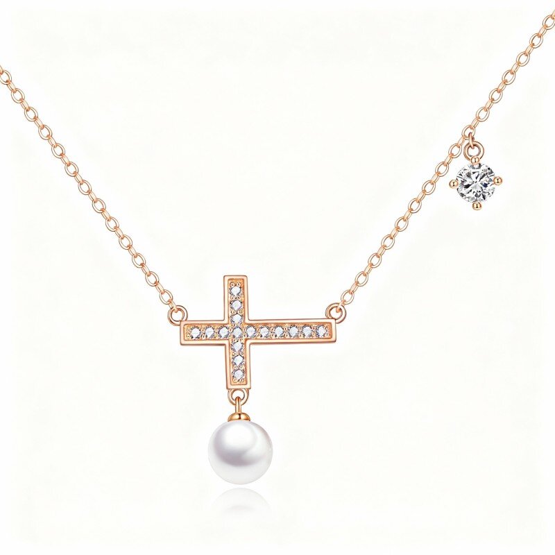 14K Rose Gold Cubic Zirconia & Pearl Cross Pendant Necklace-1