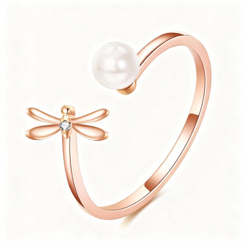 Bague ouverte libellule en or rose 18 carats, zircon cubique et perle-1