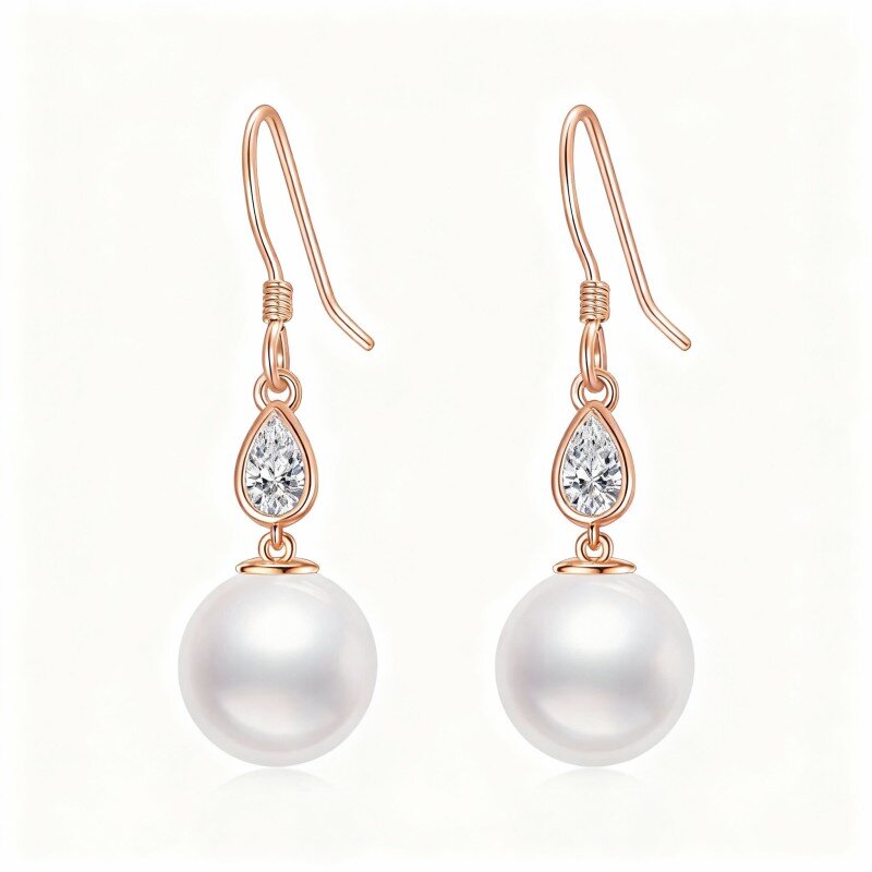 Boucles d'oreilles pendantes en or rose 10 carats, zircon cubique et perle-1