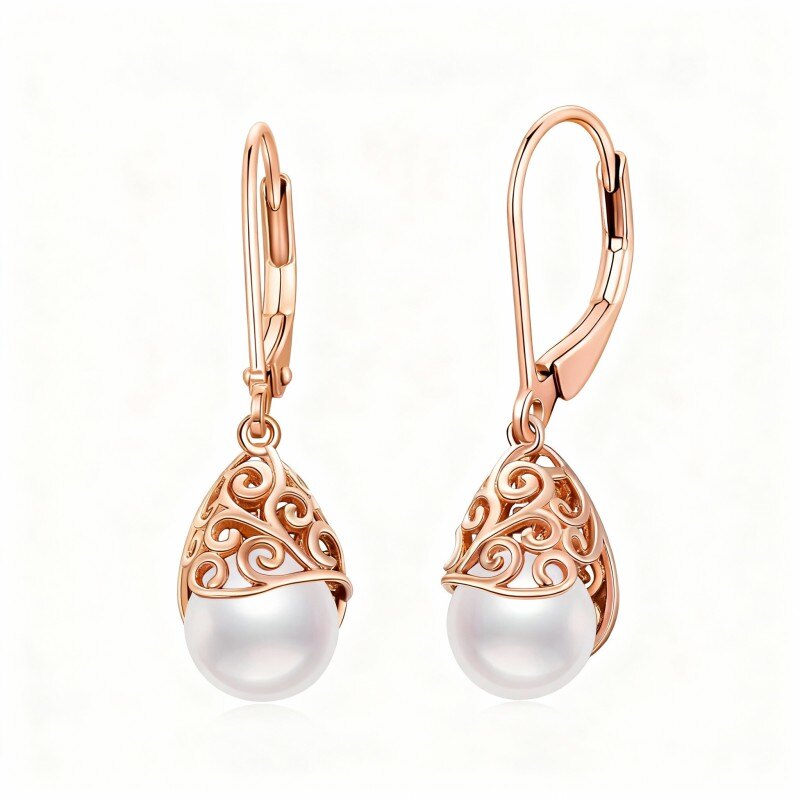 18K Rose Gold Pearl Drop Shape Lever-back Earrings-1