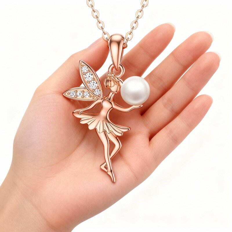 10K Rose Gold Cubic Zirconia & Pearl Fairy Pendant Necklace-1