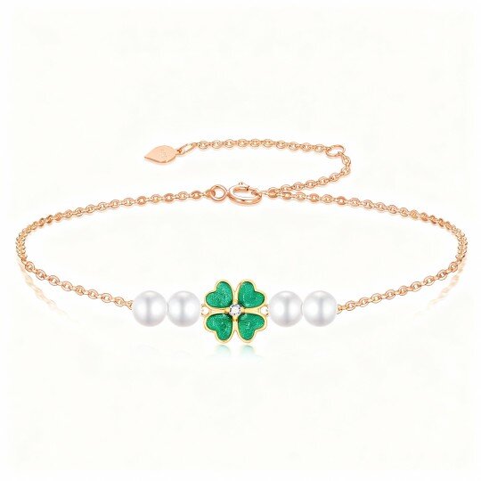 سوار من الذهب الوردي عيار 10 قيراط مرصع باللؤلؤ على شكل زهرة البرسيم ذات الأربع أوراق