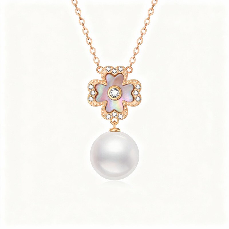 Colar com pendente trevo de quatro folhas em ouro rosa 18K com pérola-1