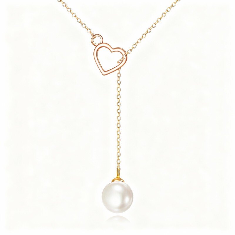 Collier ajustable en or rose 14 carats avec perle et cœur en forme de Y-1