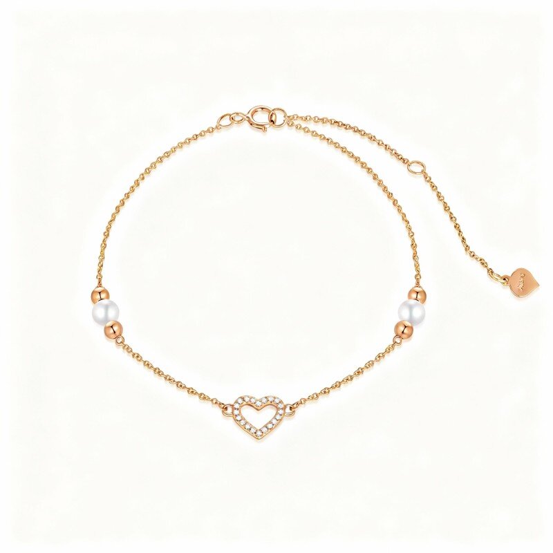 18K Rose Gold Cubic Zirconia & Pearl Heart Charm Bracelet-1