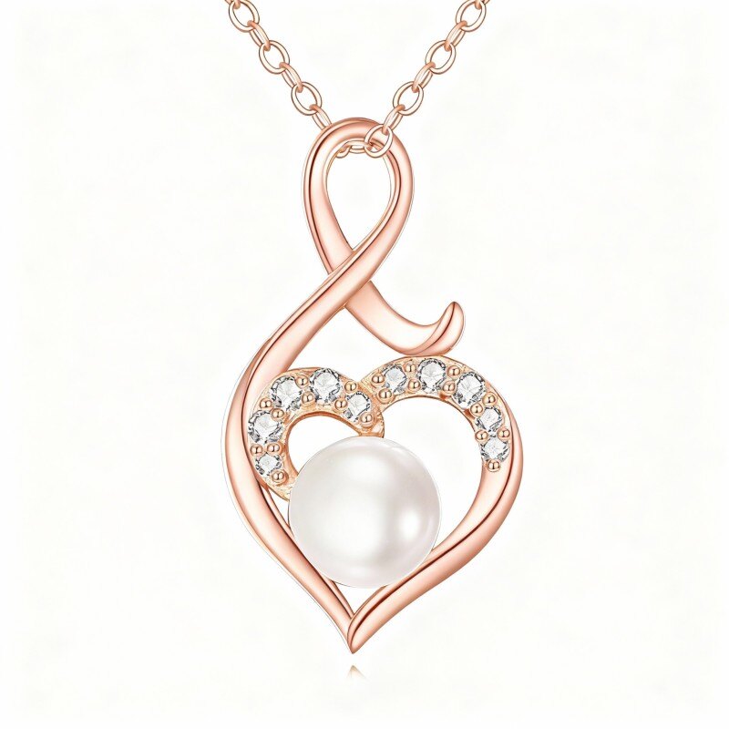Collier pendentif en or rose 18 carats avec zircon cubique, perle, cœur et symbole de l'infini-1