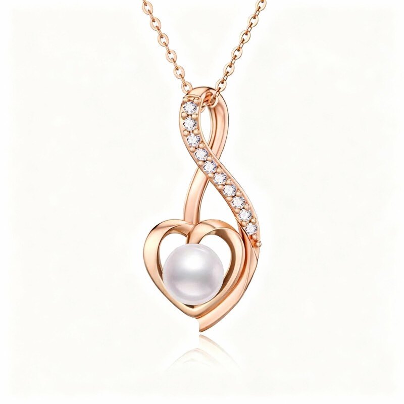 18K Rose Gold Pearl & Cubic Zirconia Heart & Infinity Symbol Pendant Necklace-1