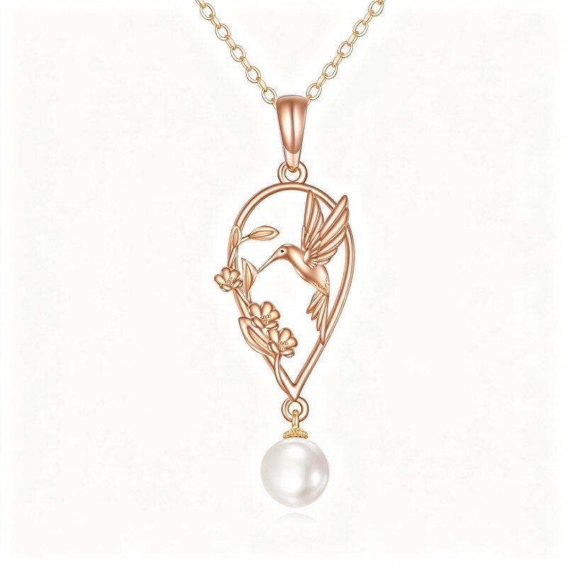 Collier pendentif en or rose 14 carats avec perle, colibri et fleurs sauvages-1