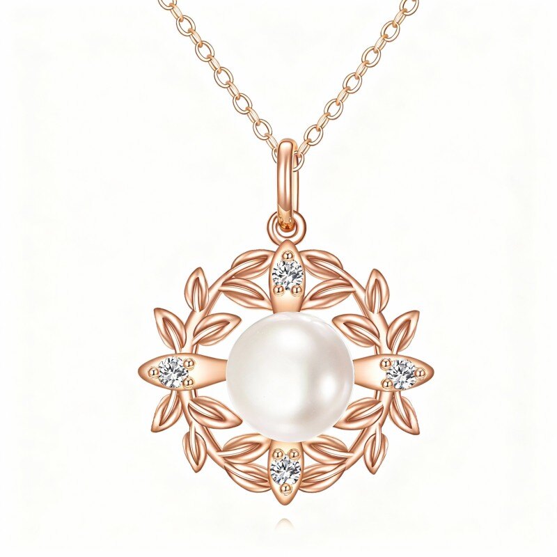 Collier pendentif feuilles en or rose 10 carats, zircon cubique et perles-1