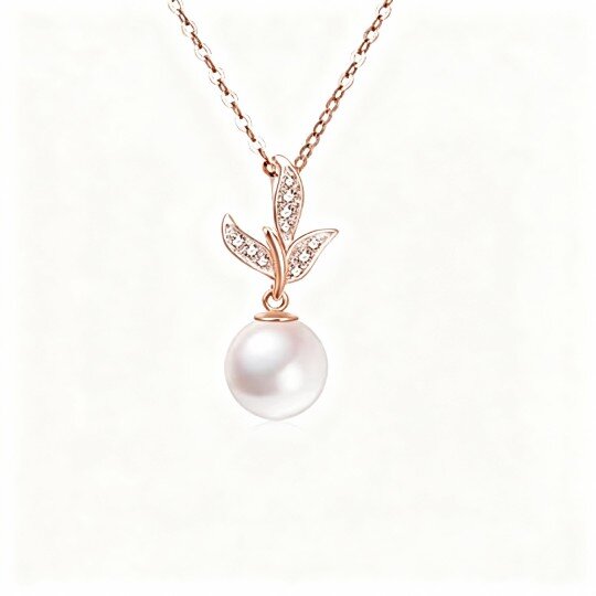 Halskette aus 10-karätigem Roségold mit Zirkonia, Perlen, Blättern und rundem Anhänger