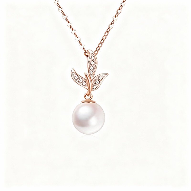 قلادة من الذهب الوردي عيار 10 قيراط مرصعة بزركونيا مكعب وأوراق لؤلؤ وقلادة دائرية-4