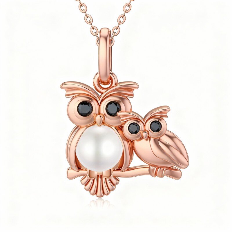 14K Rose Gold Pearl Owl Pendant Necklace-1