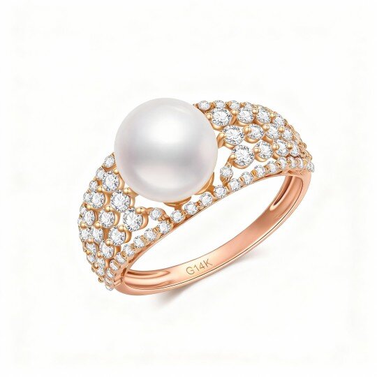 10K Rose Gold Cubic Zirconia & Pearl Ring